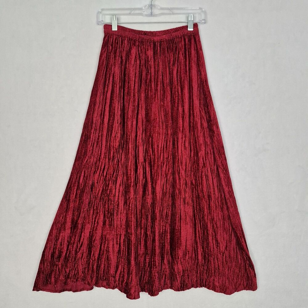 VTG Red Crushed Velvet Sm. Broomstick Maxi Midi Skirt Boho Western Whimsy Fairy